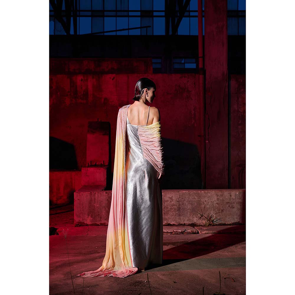 AKHL Pink Draped Chiffon Sequins Dress with Attached Draped