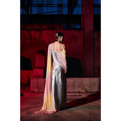 AKHL Pink Draped Chiffon Sequins Dress with Attached Draped