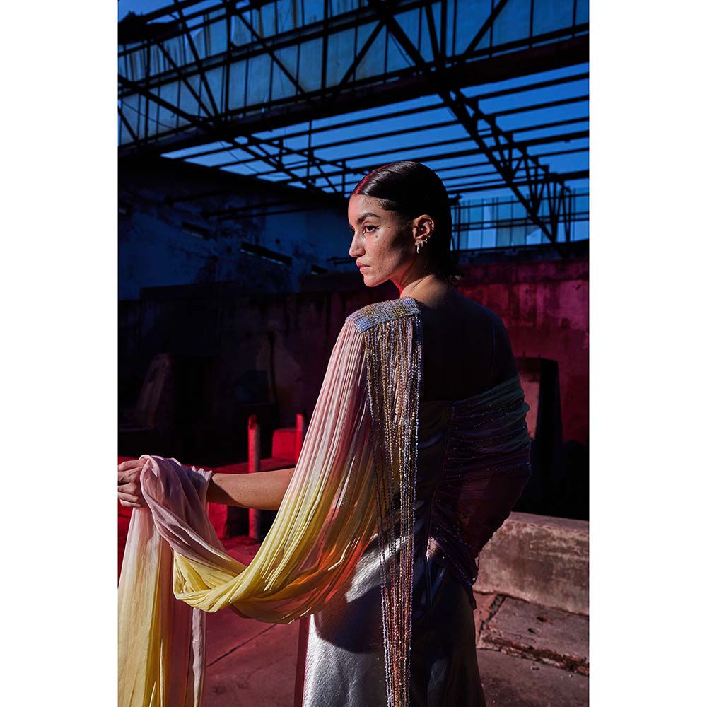 AKHL Pink Draped Chiffon Sequins Dress with Attached Draped