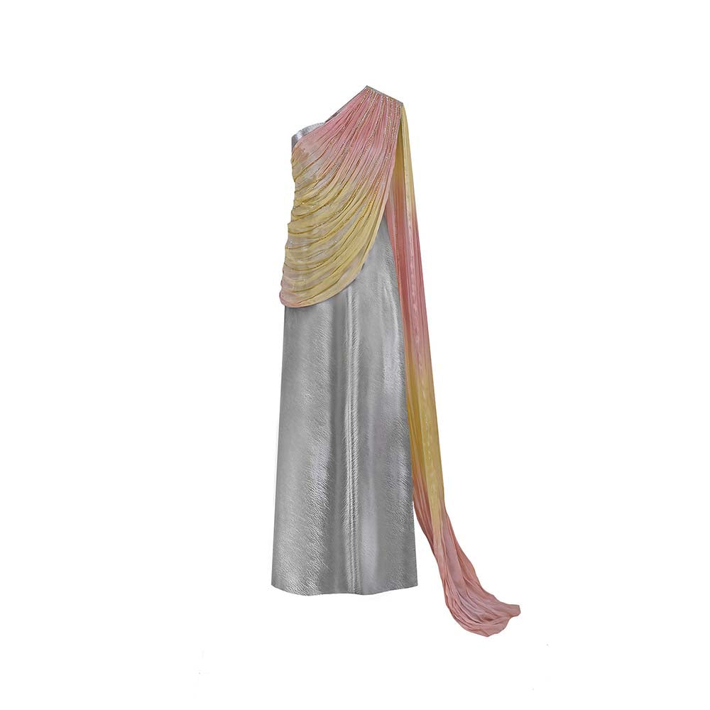 AKHL Pink Draped Chiffon Sequins Dress with Attached Draped