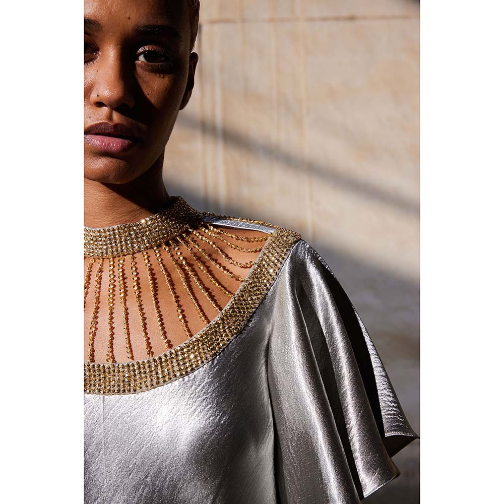 AKHL Silver Sequins Embroidered Bias Dress