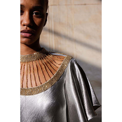 AKHL Silver Sequins Embroidered Bias Dress