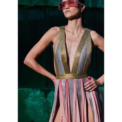 AKHL Multi-Colour Panelled Slit Dress