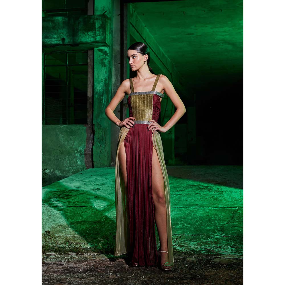 AKHL Wine Gathered Chiffon Slit Dress