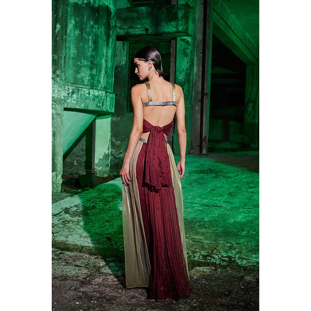 AKHL Wine Gathered Chiffon Slit Dress