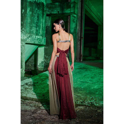 AKHL Wine Gathered Chiffon Slit Dress