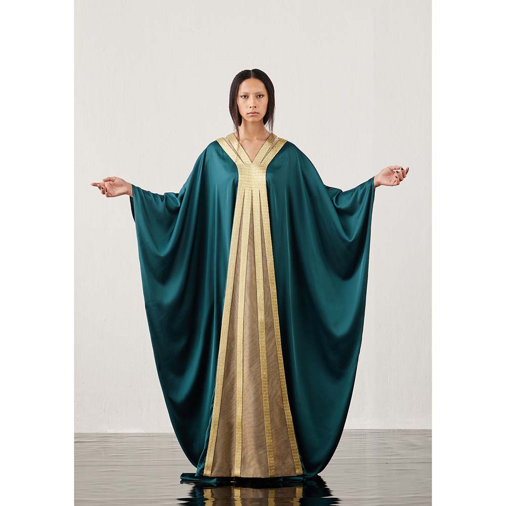 AKHL Teal Satin and Metallic Embroidered Kaftan Dress