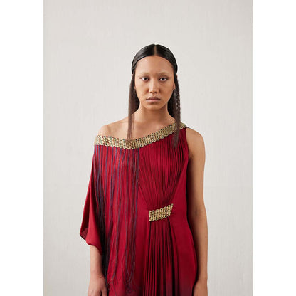AKHL Red Asymmetric Gradient Kaftan Dress