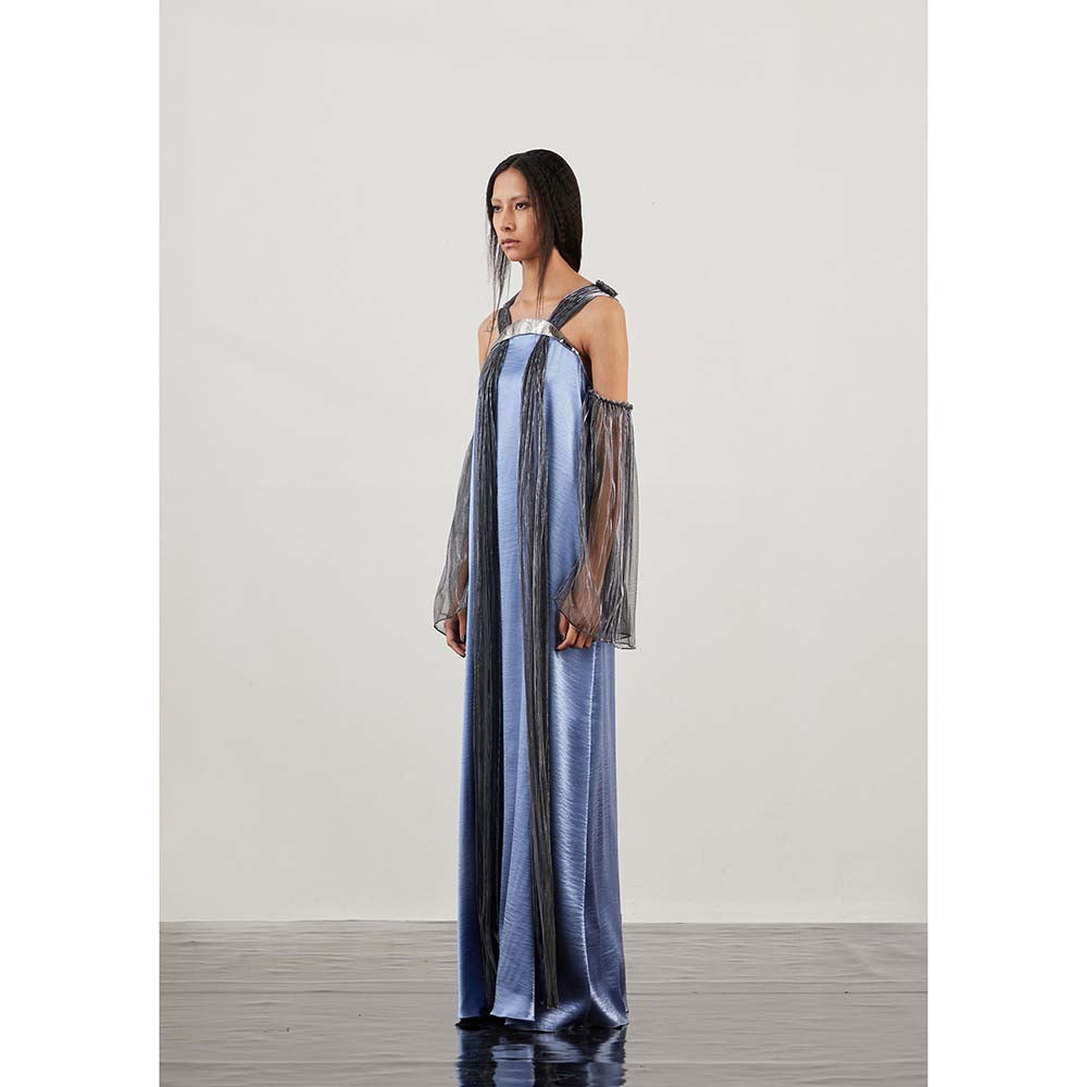 AKHL Blue Pleated Lurex Tulle Strap Dress with Attached Sleeve