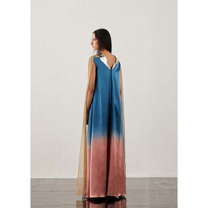 AKHL Blue Fall Panelled Gradient Dress with Attached Cape