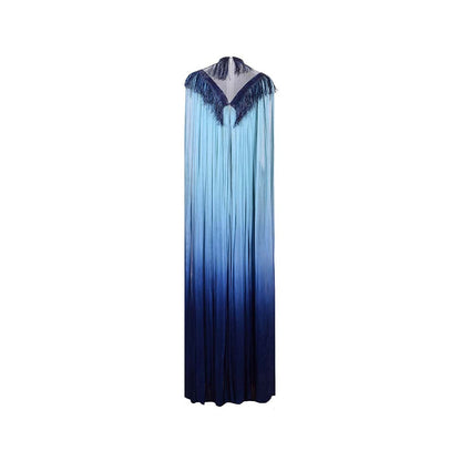 AKHL Blue Glass Fringed Gathered Dress with Attached Cape
