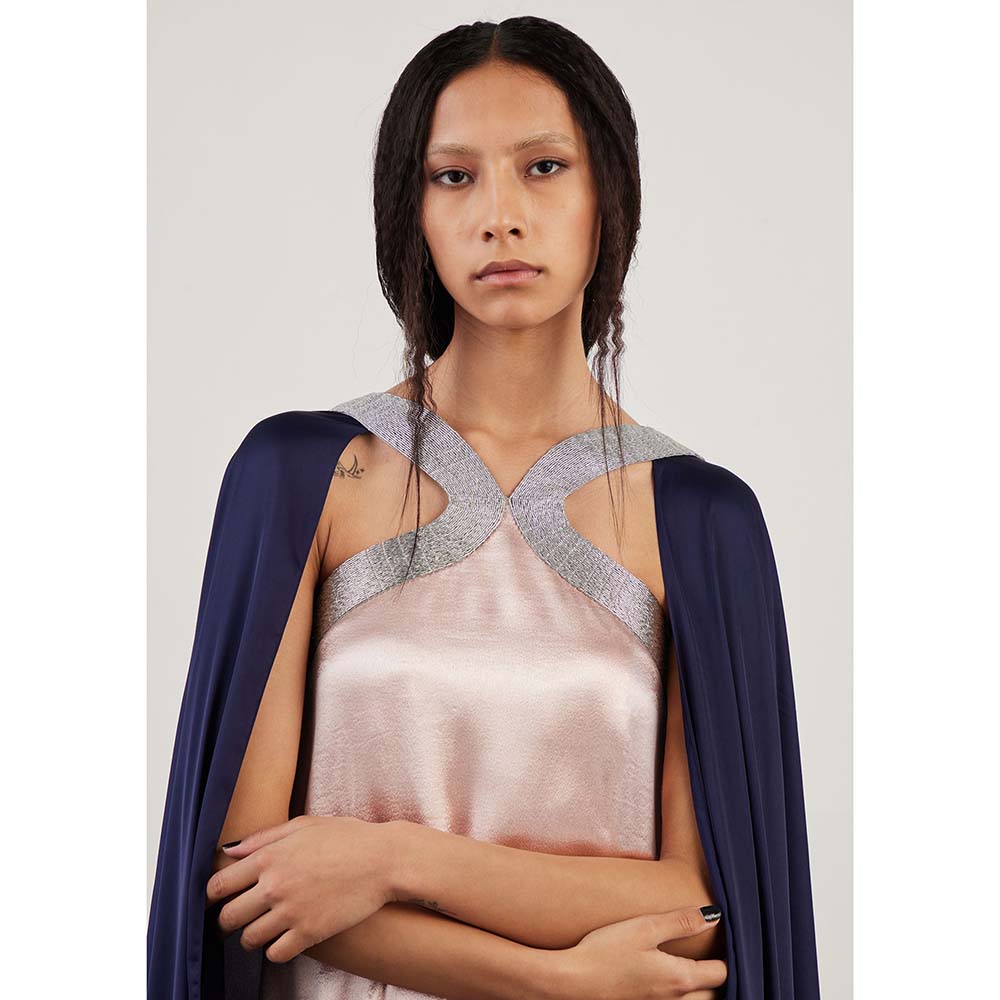 AKHL Pink Textured Satin & Lurex Tulle Dress with Attached Cape