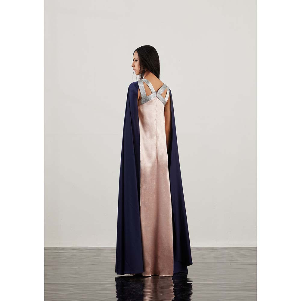 AKHL Pink Textured Satin & Lurex Tulle Dress with Attached Cape