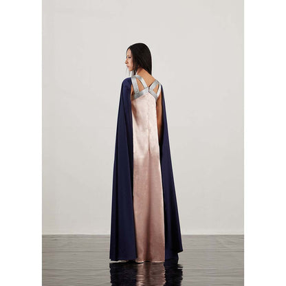AKHL Pink Textured Satin & Lurex Tulle Dress with Attached Cape