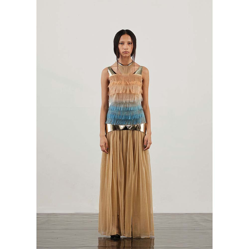 AKHL Beige Gathered Tulle Fringe Dress