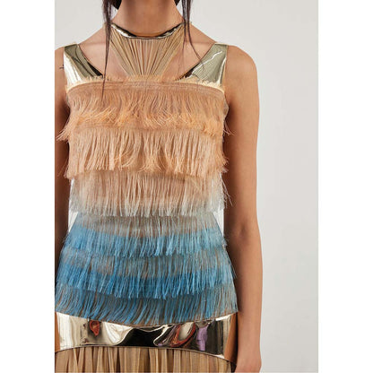 AKHL Beige Gathered Tulle Fringe Dress