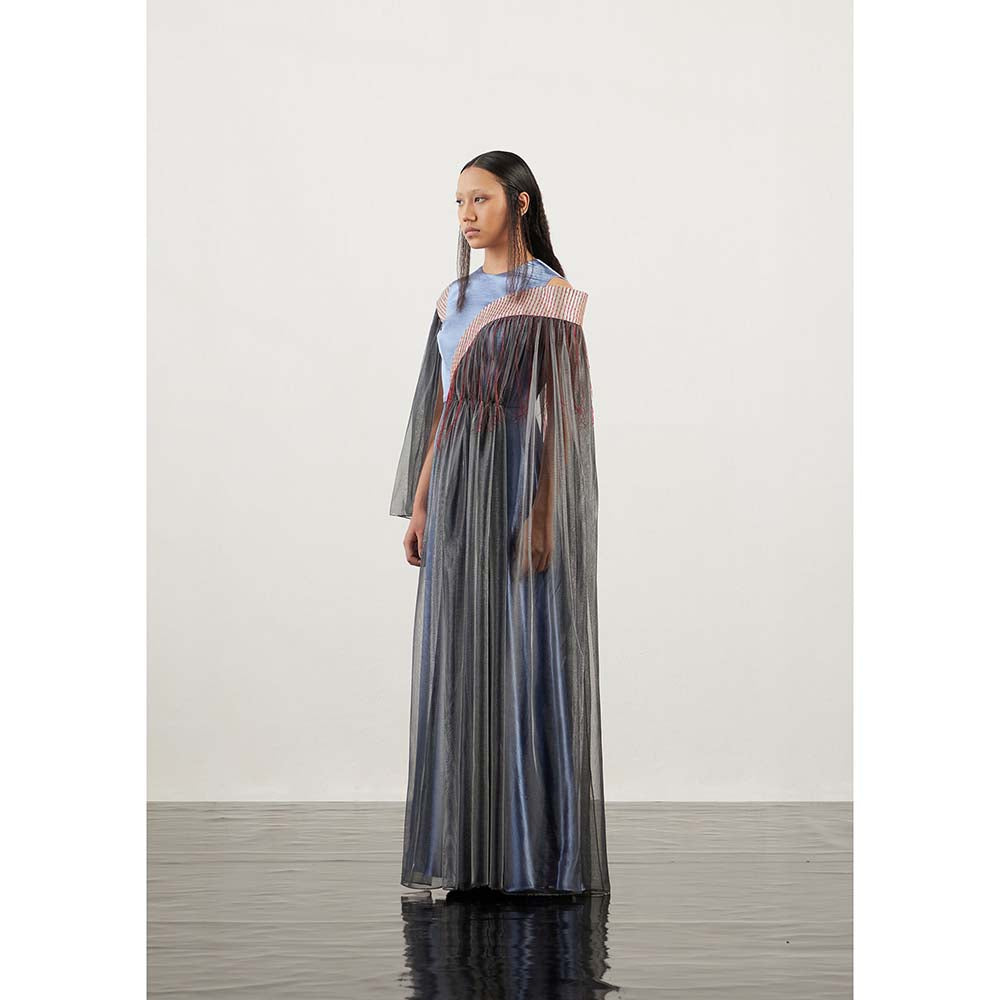 AKHL Blue Angular Arc Cape Sleeve Dress