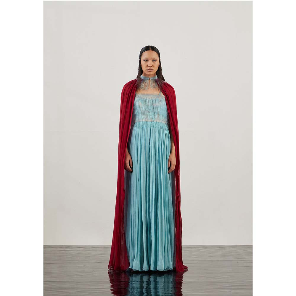 AKHL Blue Fringe Organza Dress with Cape (Set of 2)