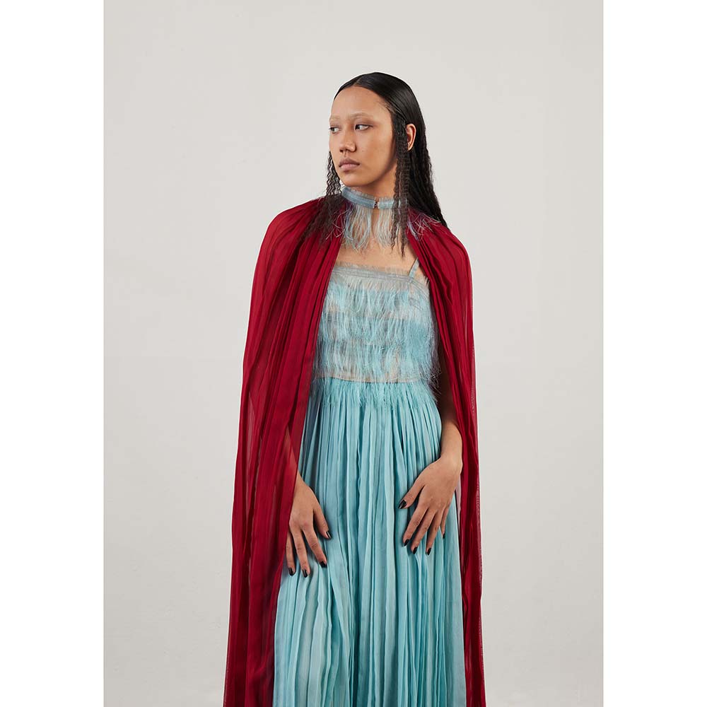 AKHL Blue Fringe Organza Dress with Cape (Set of 2)