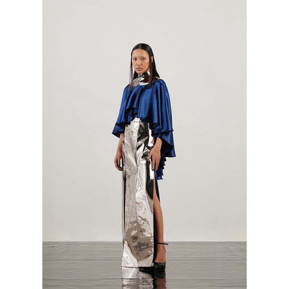 AKHL Blue Mirror Slit Dress with Cape (Set of 2)