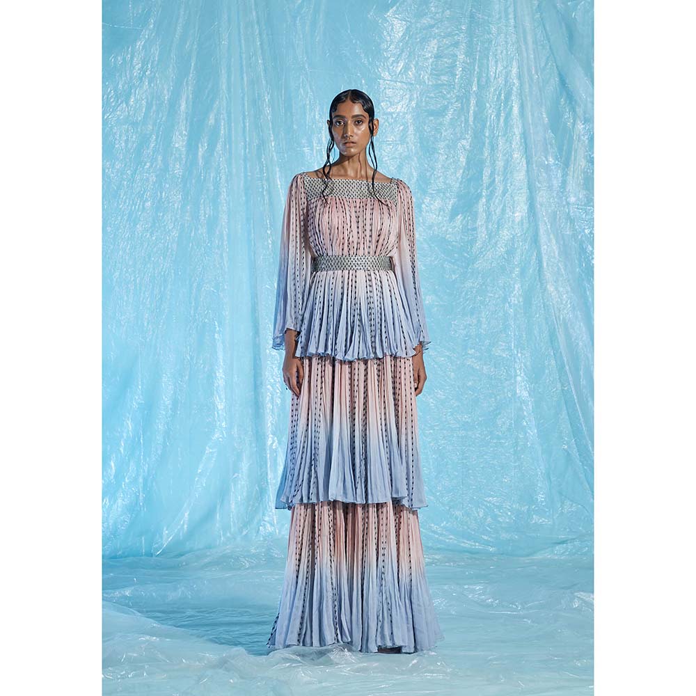 AKHL Multi-Colour Gathered Chiffon Tier Dress with Belt (Set of 2)