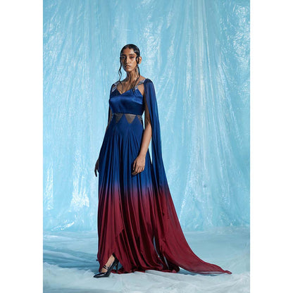 AKHL Blue Diamond Sequins Gradient Dress with Attached Cape
