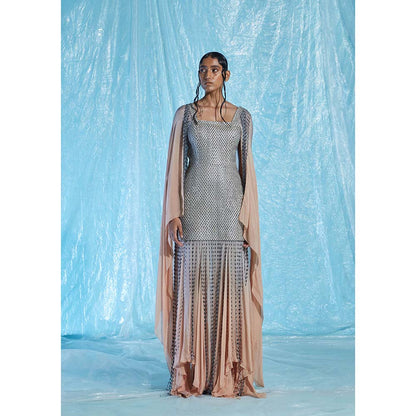 AKHL Grey Silk Raffia Structured Dress with Attached Cape