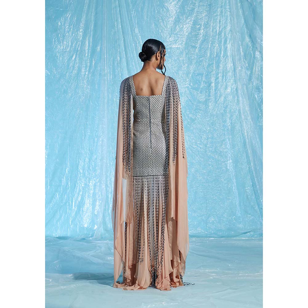 AKHL Grey Silk Raffia Structured Dress with Attached Cape