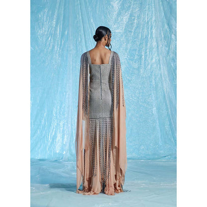 AKHL Grey Silk Raffia Structured Dress with Attached Cape