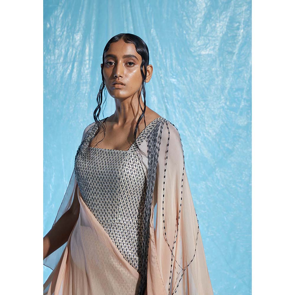 AKHL Grey Silk Raffia Structured Dress with Attached Cape