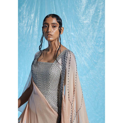 AKHL Grey Silk Raffia Structured Dress with Attached Cape