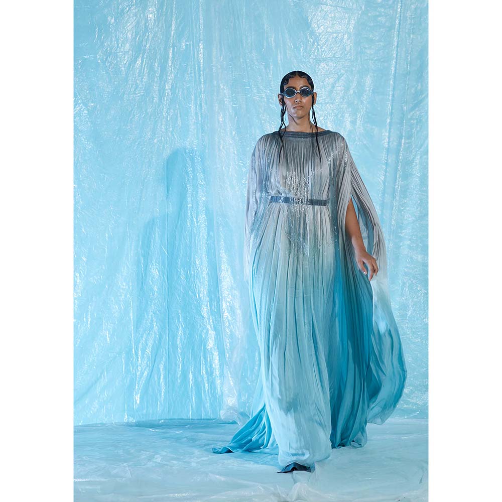 AKHL Blue Gathered Chiffon Glass Kaftan Dress with Belt (Set of 2)