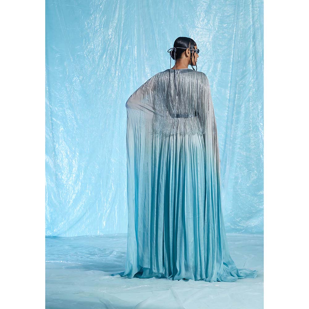AKHL Blue Gathered Chiffon Glass Kaftan Dress with Belt (Set of 2)