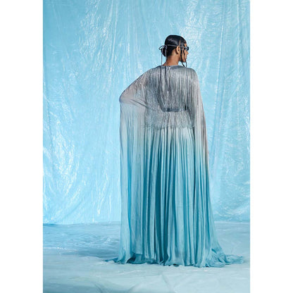 AKHL Blue Gathered Chiffon Glass Kaftan Dress with Belt (Set of 2)