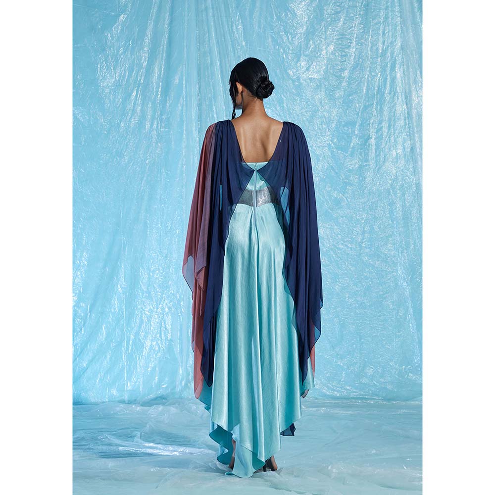 AKHL Turquoise Satin & Chiffon Dress with Attached Belt
