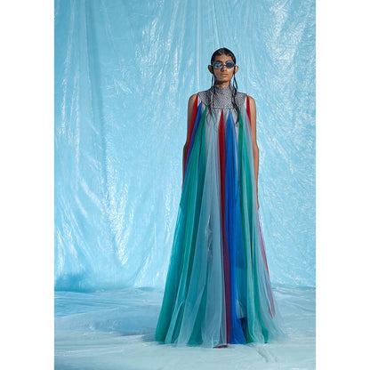 AKHL Multi-Colour Fall Panelled Tulle Dress with Underlay (Set of 2)