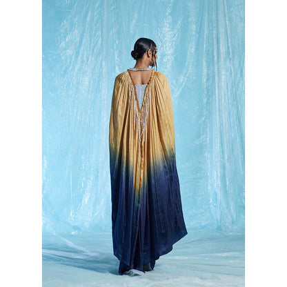 AKHL Yellow Gathered Satin Kaftan Dress with Sequins Collar
