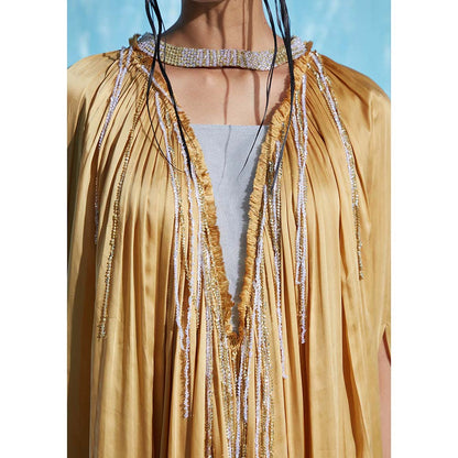 AKHL Yellow Gathered Satin Kaftan Dress with Sequins Collar