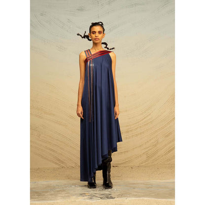 AKHL Navy Blue Gathered Chiffon Dress with Arc Panels