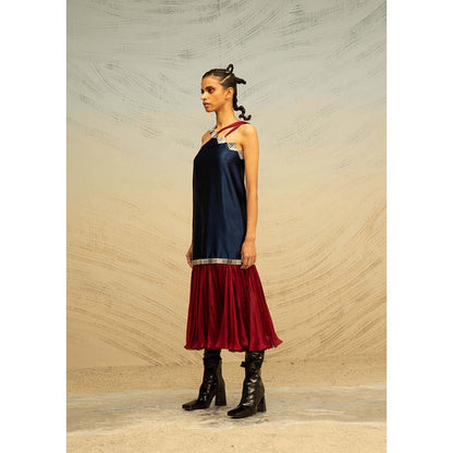 AKHL Navy Blue Satin and Chiffon Midi Dress