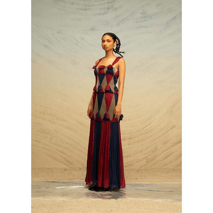 AKHL Multi-Colour Ruched Chiffon Applique Dress