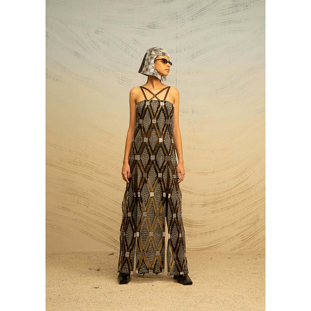 AKHL Grey Honeycomb Sheer Glass-Sequins Dress