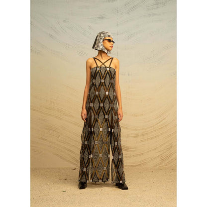 AKHL Grey Honeycomb Sheer Glass-Sequins Dress