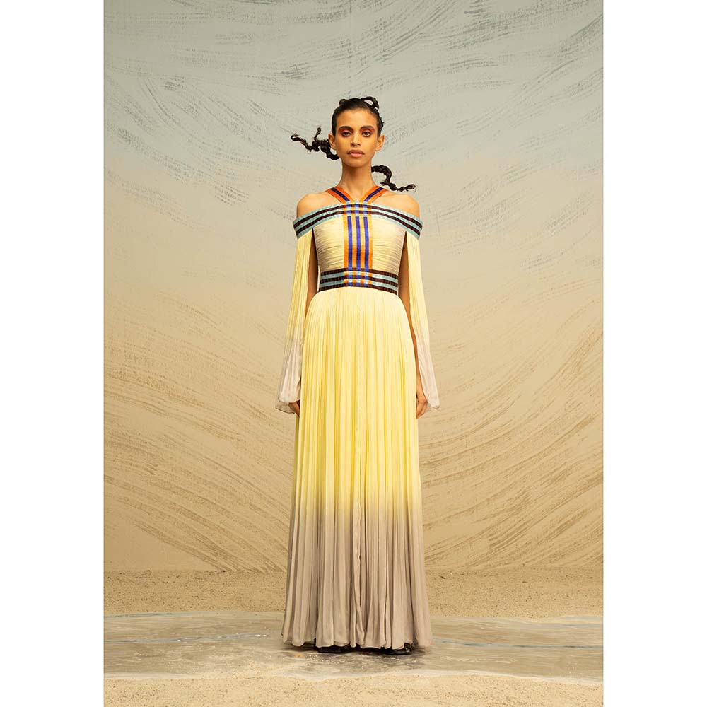 AKHL Yellow Gathered Chiffon Off Shoulder Dress