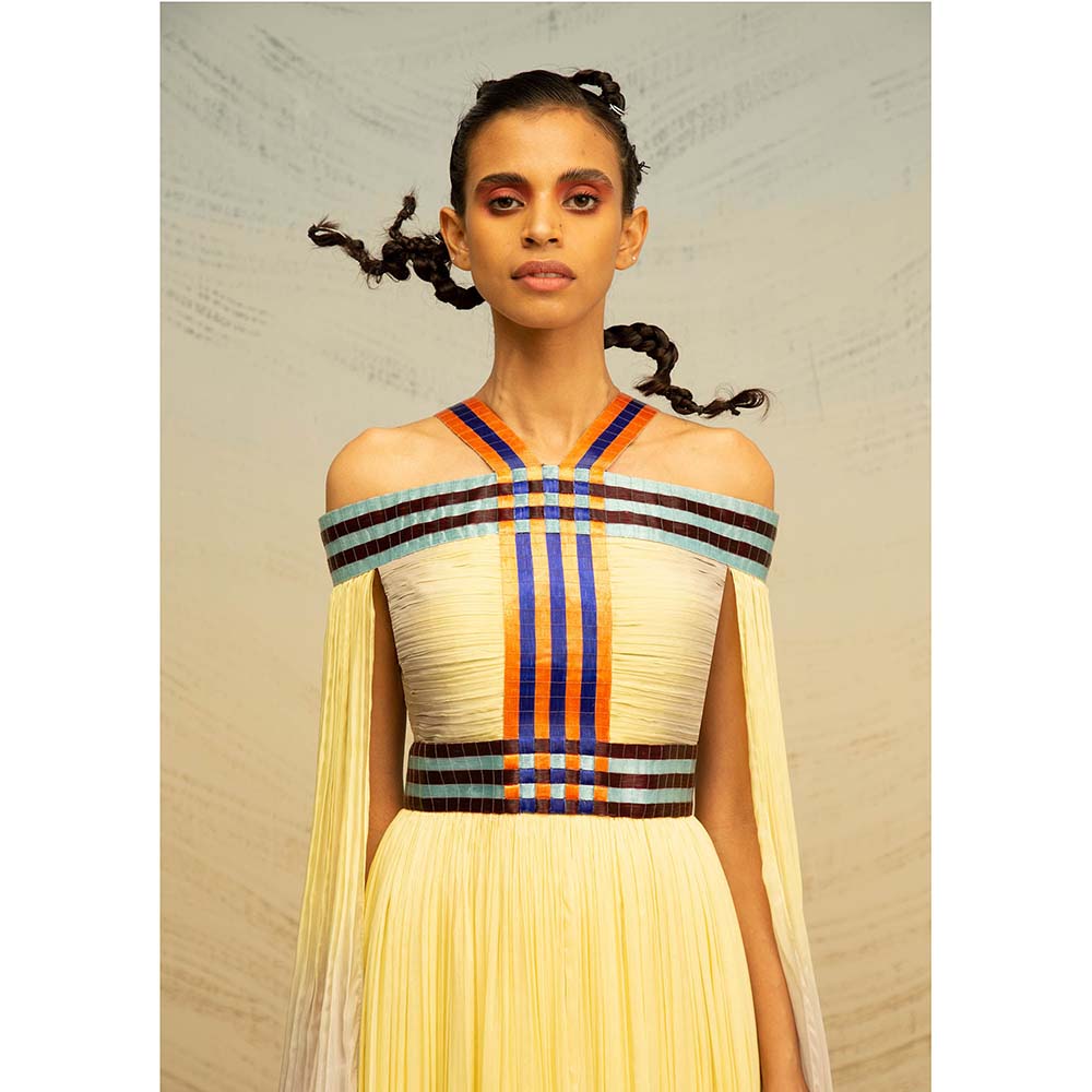 AKHL Yellow Gathered Chiffon Off Shoulder Dress