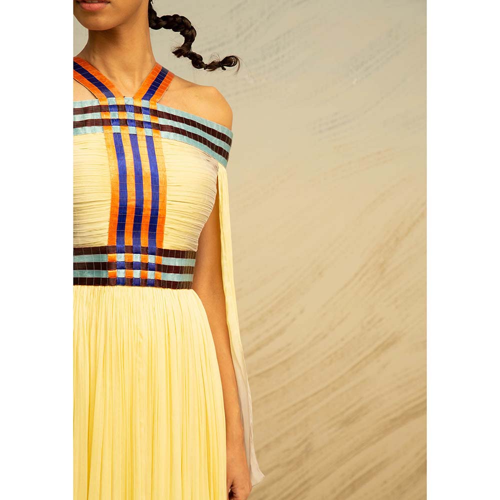 AKHL Yellow Gathered Chiffon Off Shoulder Dress