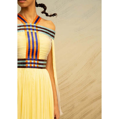AKHL Yellow Gathered Chiffon Off Shoulder Dress