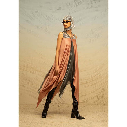 AKHL Peach Triangular Sequins Yoke Dress with Fall Panels