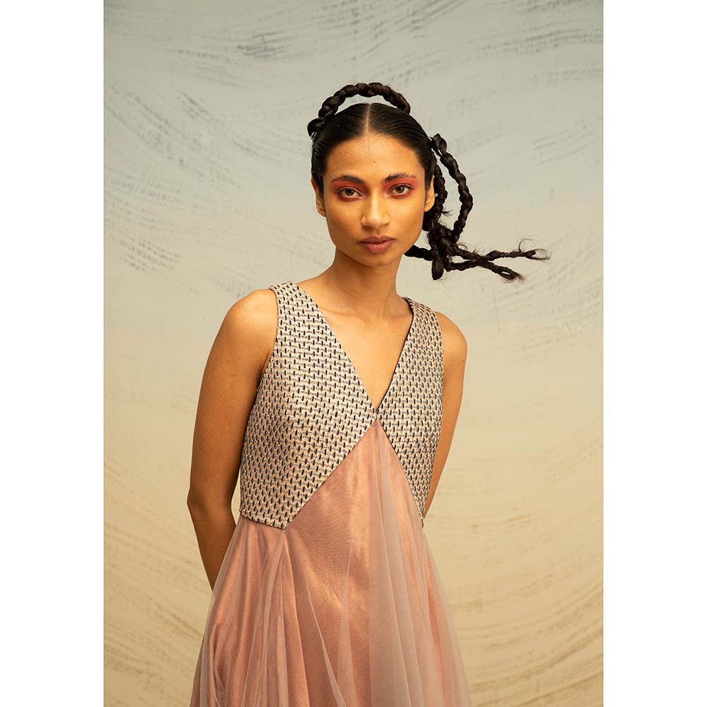 AKHL Rose Gold Angular Silk Raffia and Tulle Dress