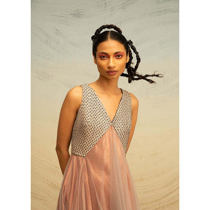 AKHL Rose Gold Angular Silk Raffia and Tulle Dress